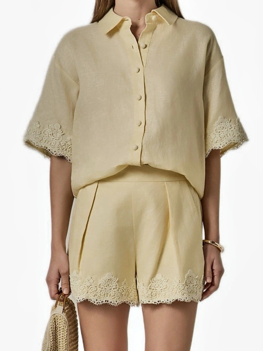English Factory NWT Butter Yellow Linen Shirt Short SET Small Crotchet Lace